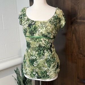 Vtg Gitano Floral lace Green Women's blouse scoop neck Size M short sleeve